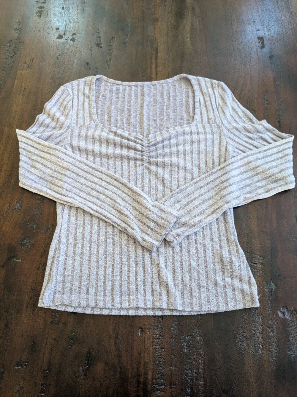 Dusty Pink Heathered Ribbed Sweetheart Neck Long Sleeve Top Large